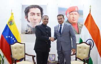 Amb. Abhishek Singh had a meeting with H.E. Jose Manuel Vasquez, Governor of Guarico State. They discussed possible areas of bilateral cooperation in the field of trade and tourism.